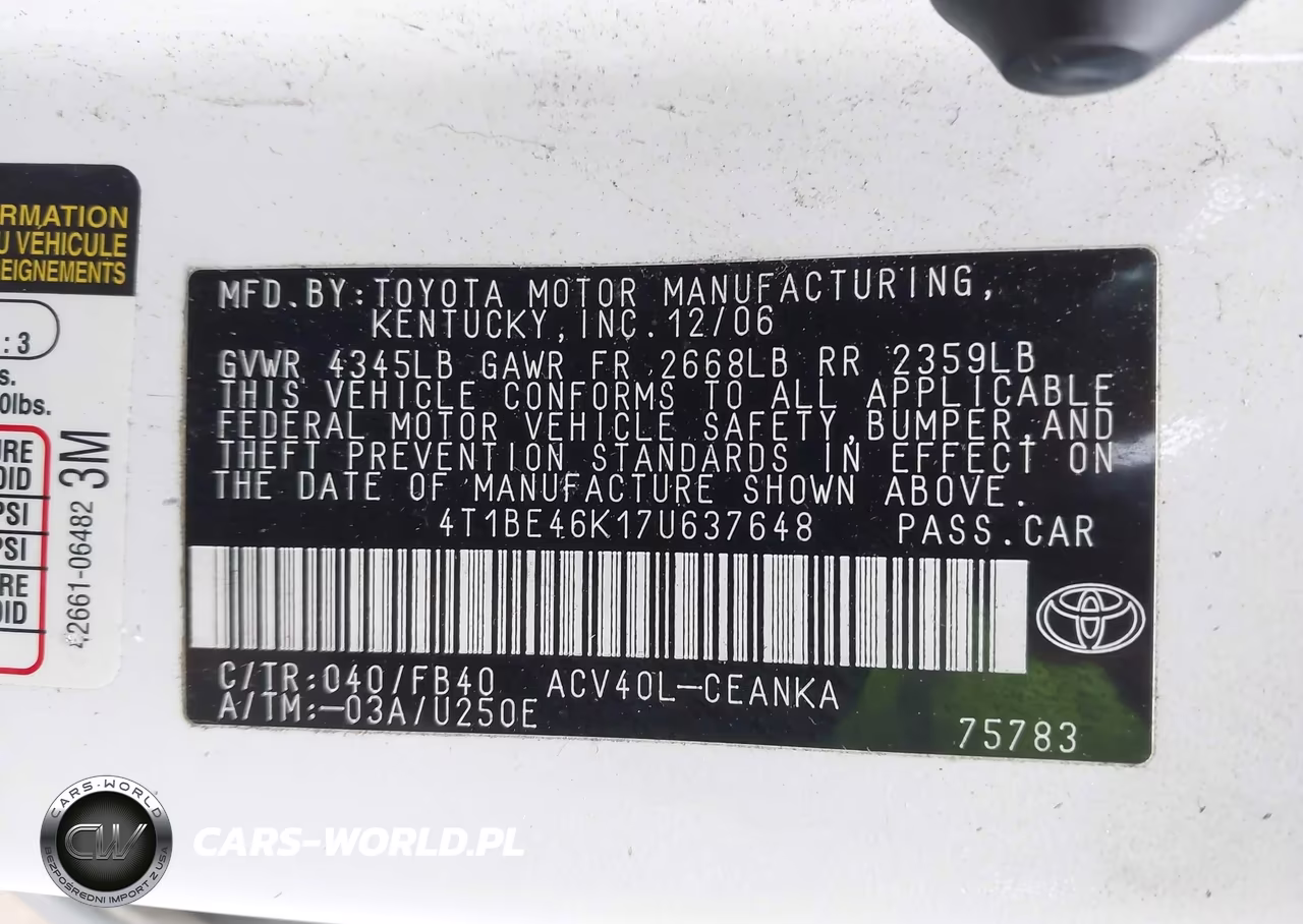 2007 Toyota Camry Le VIN:4T1BE46K17U637648 - 9