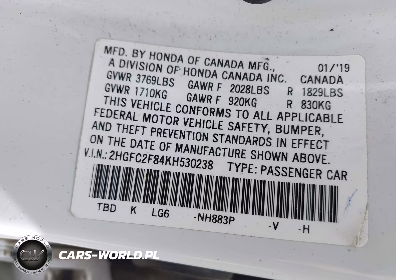 2019 Honda Civic Sport VIN:2HGFC2F84KH530238 - 9