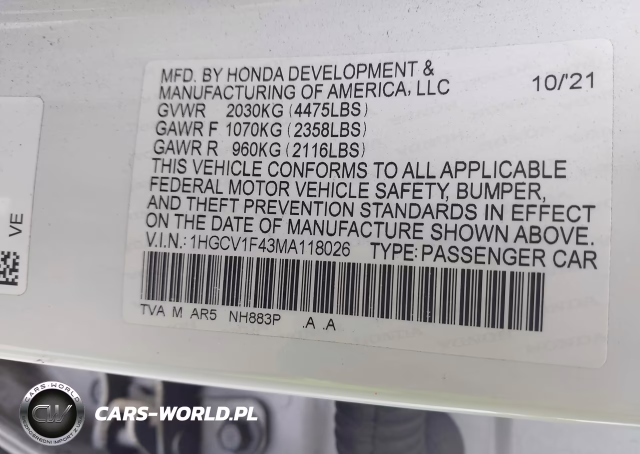 2021 Honda Accord Sport Special Edition VIN:1HGCV1F43MA118026 - 9