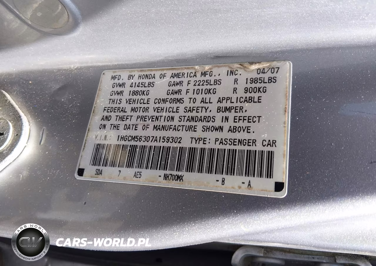2007 Honda Accord 2.4 Se VIN:1HGCM56307A159302 - 9
