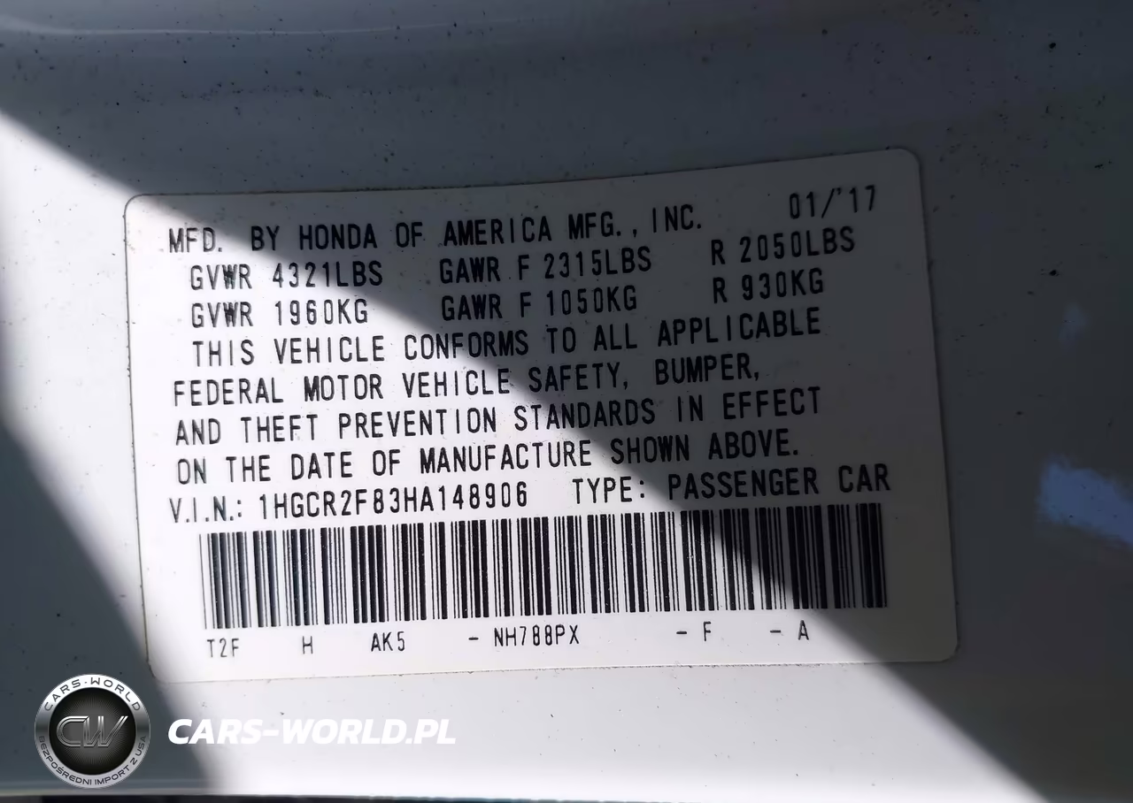 2017 Honda Accord Ex-L VIN:1HGCR2F83HA148906 - 9