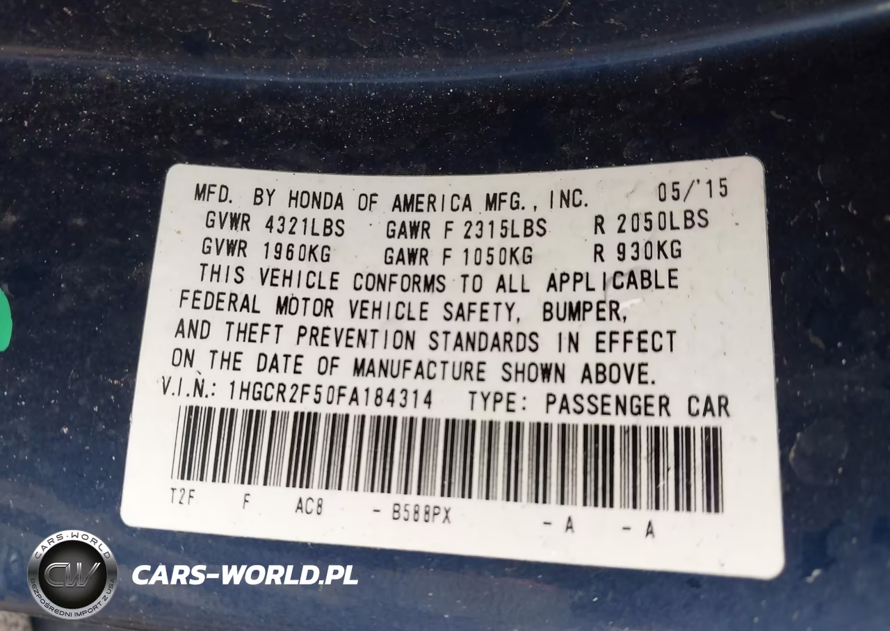 2015 Honda Accord Sport VIN:1HGCR2F50FA184314 - 9