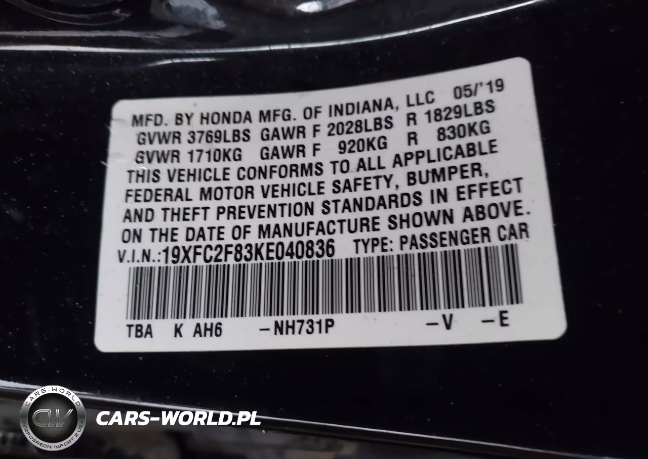 2019 Honda Civic Sport VIN:19XFC2F83KE040836 - 8