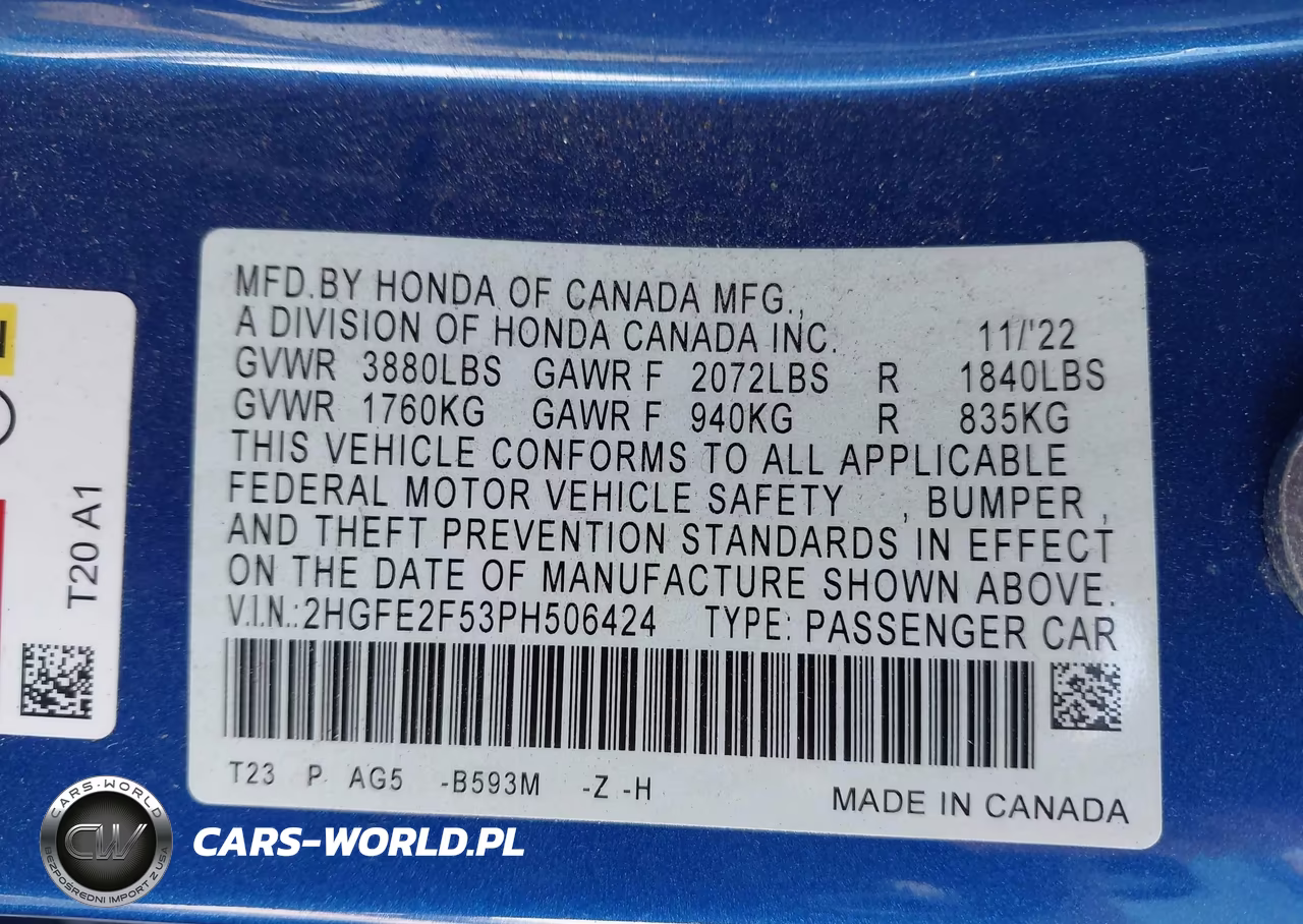 2023 Honda Civic Sport VIN:2HGFE2F53PH506424 - 9