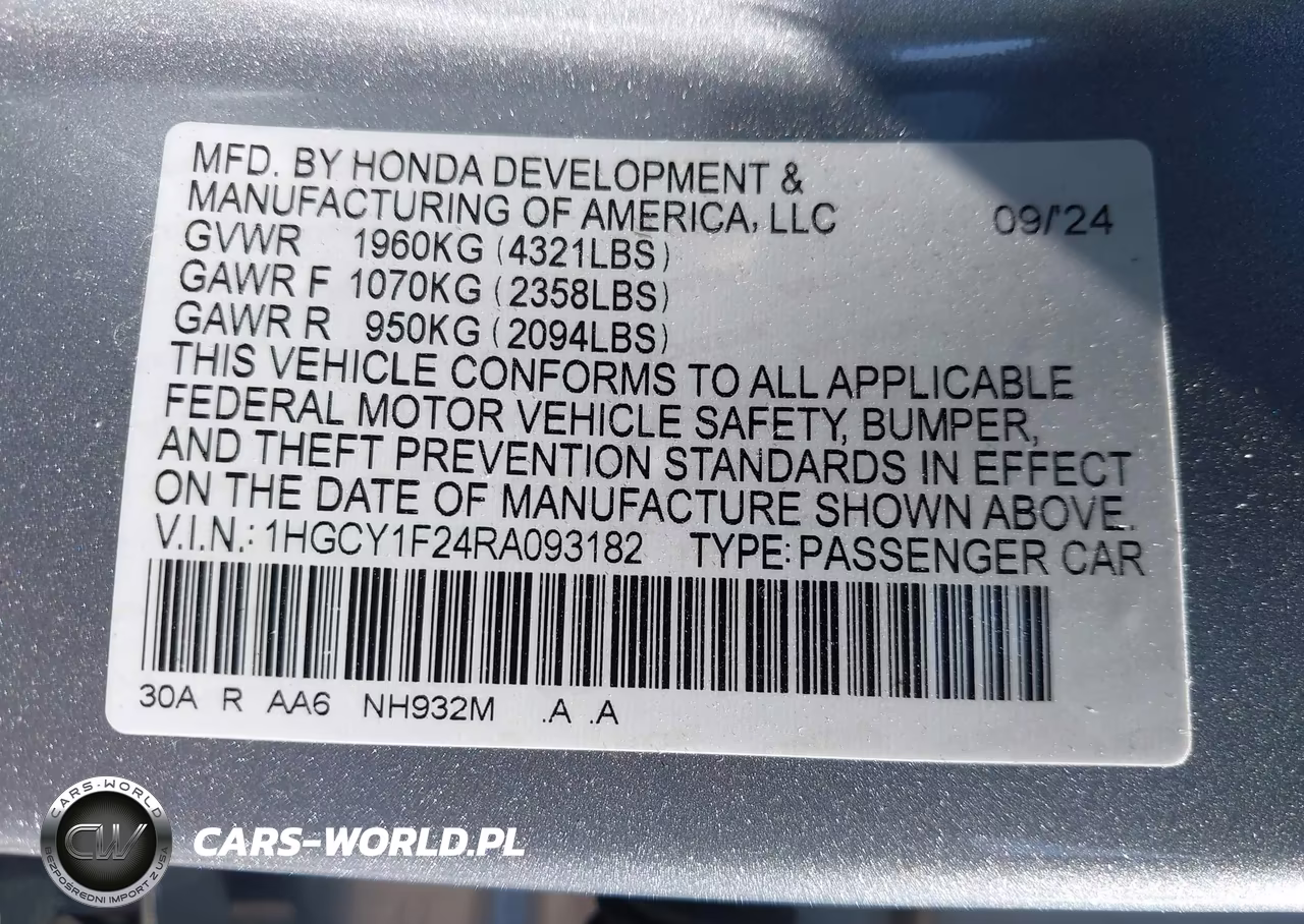 2024 Honda Accord Lx VIN:1HGCY1F24RA093182 - 9