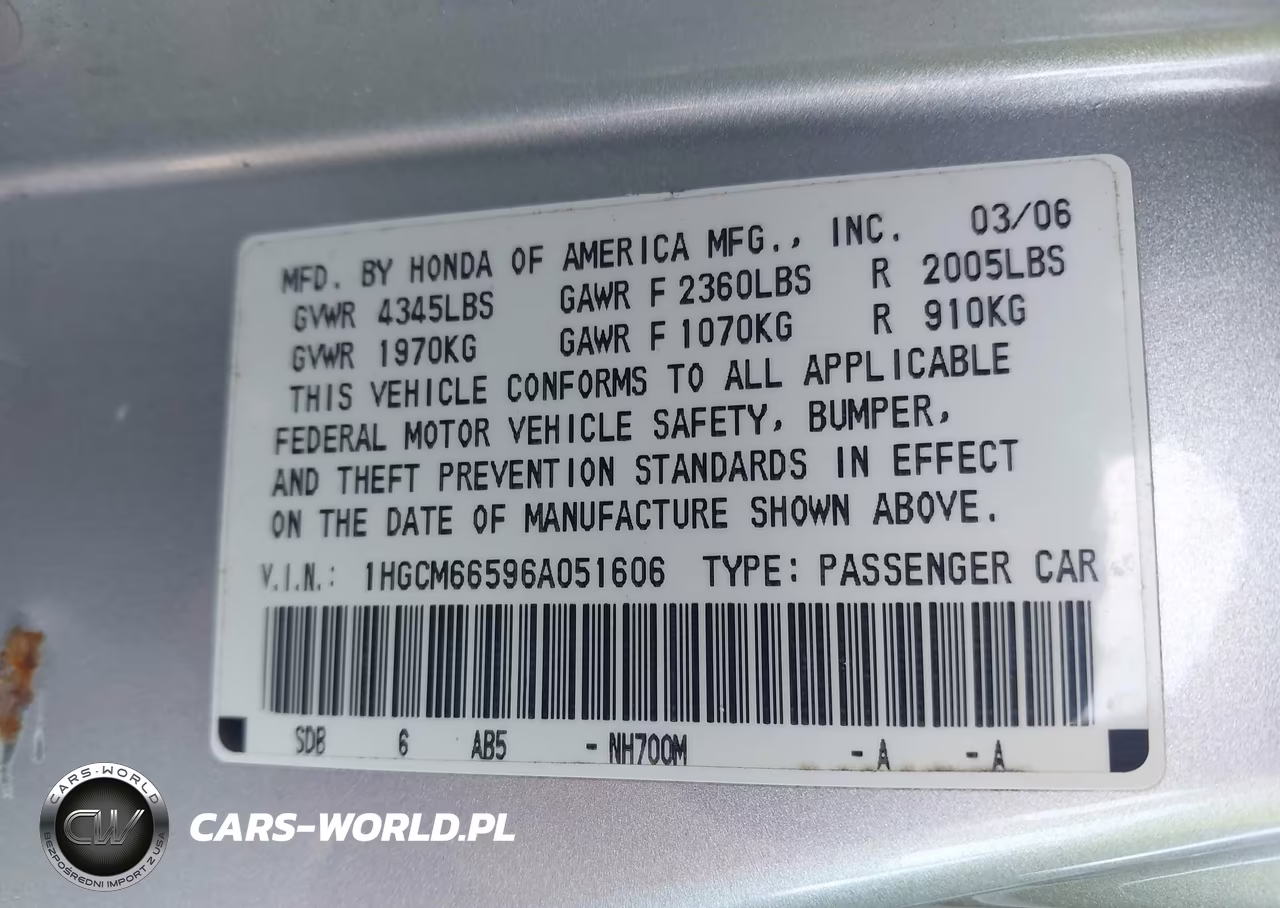 2006 Honda Accord 3.0 Ex VIN:1HGCM66596A051606 - 9
