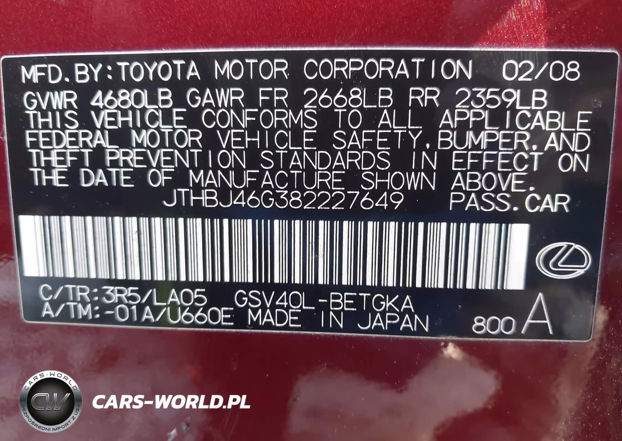 2008 Lexus Es 350 VIN:JTHBJ46G382227649 - 9