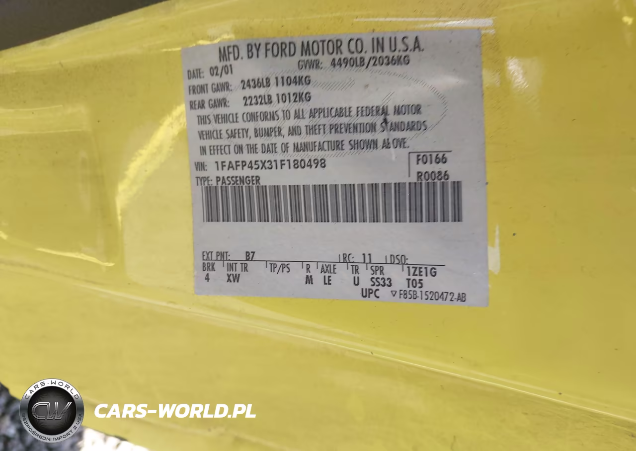 2001 Ford Mustang Gt VIN:1FAFP45X31F180498 - 9