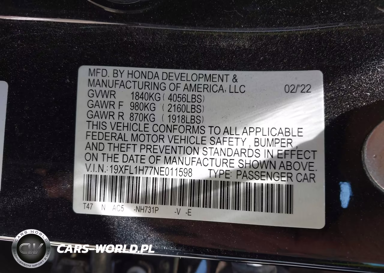 2022 Honda Civic Ex-L VIN:19XFL1H77NE011598 - 9