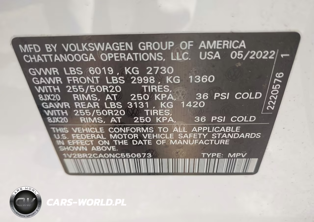 2022 Volkswagen Atlas 3.6L V6 Sel VIN:1V2BR2CA0NC550673 - 9