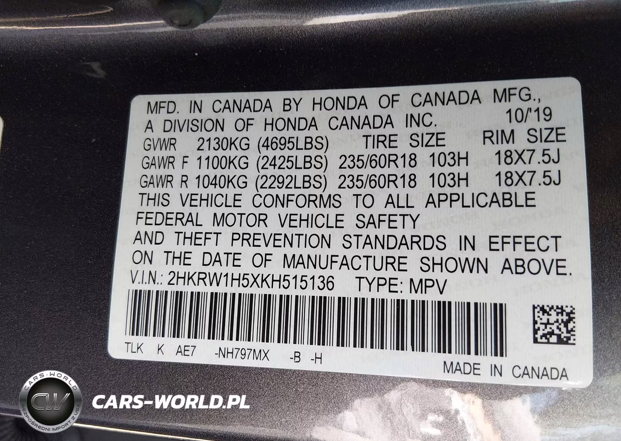 2019 Honda Cr-V Ex VIN:2HKRW1H5XKH515136 - 9