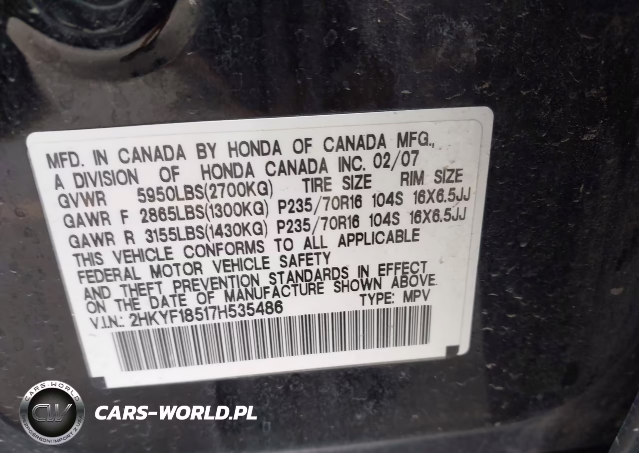 2007 Honda Pilot Ex-L VIN:2HKYF18517H535486 - 9
