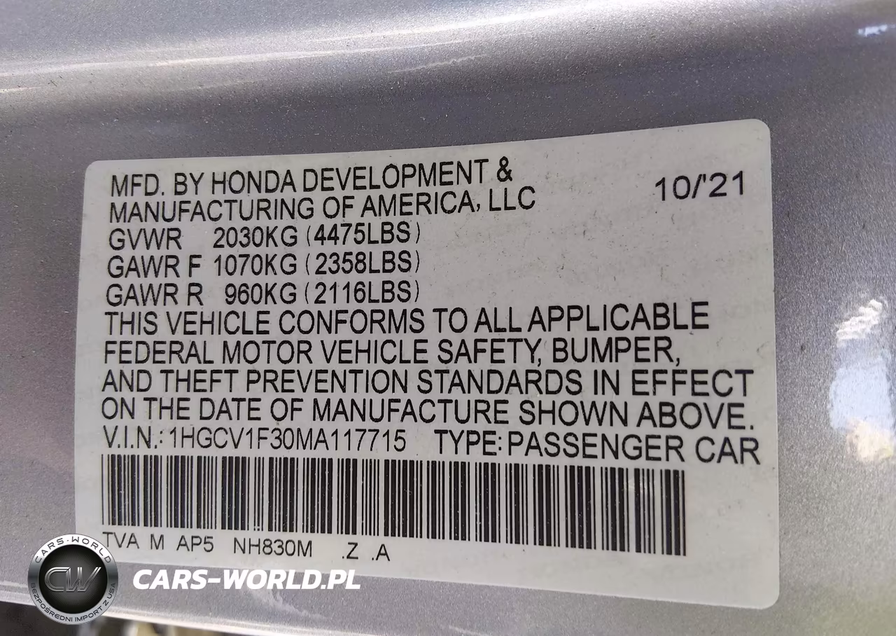 2021 Honda Accord Sport VIN:1HGCV1F30MA117715 - 9