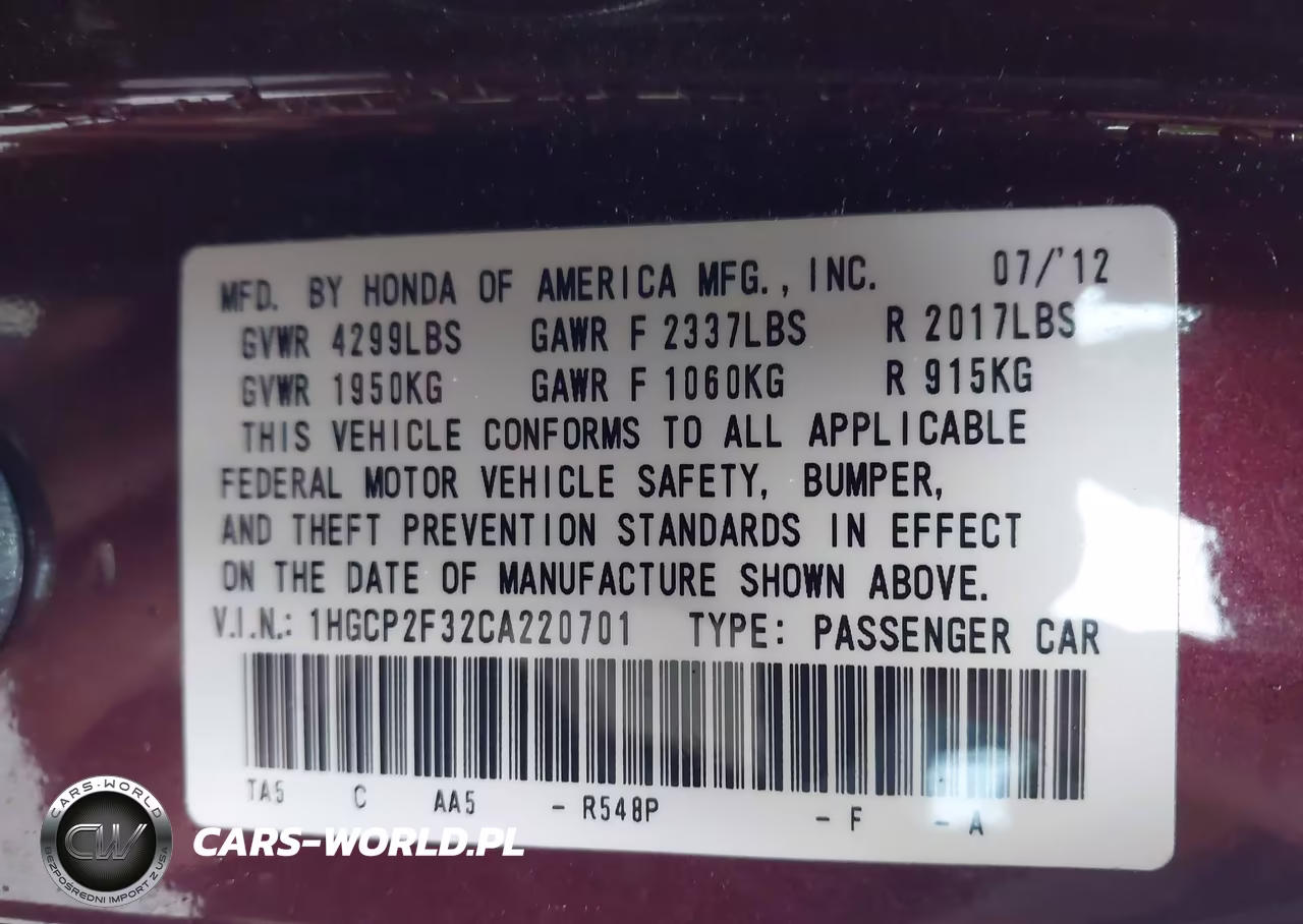 2012 Honda Accord 2.4 Lx VIN:1HGCP2F32CA220701 - 9