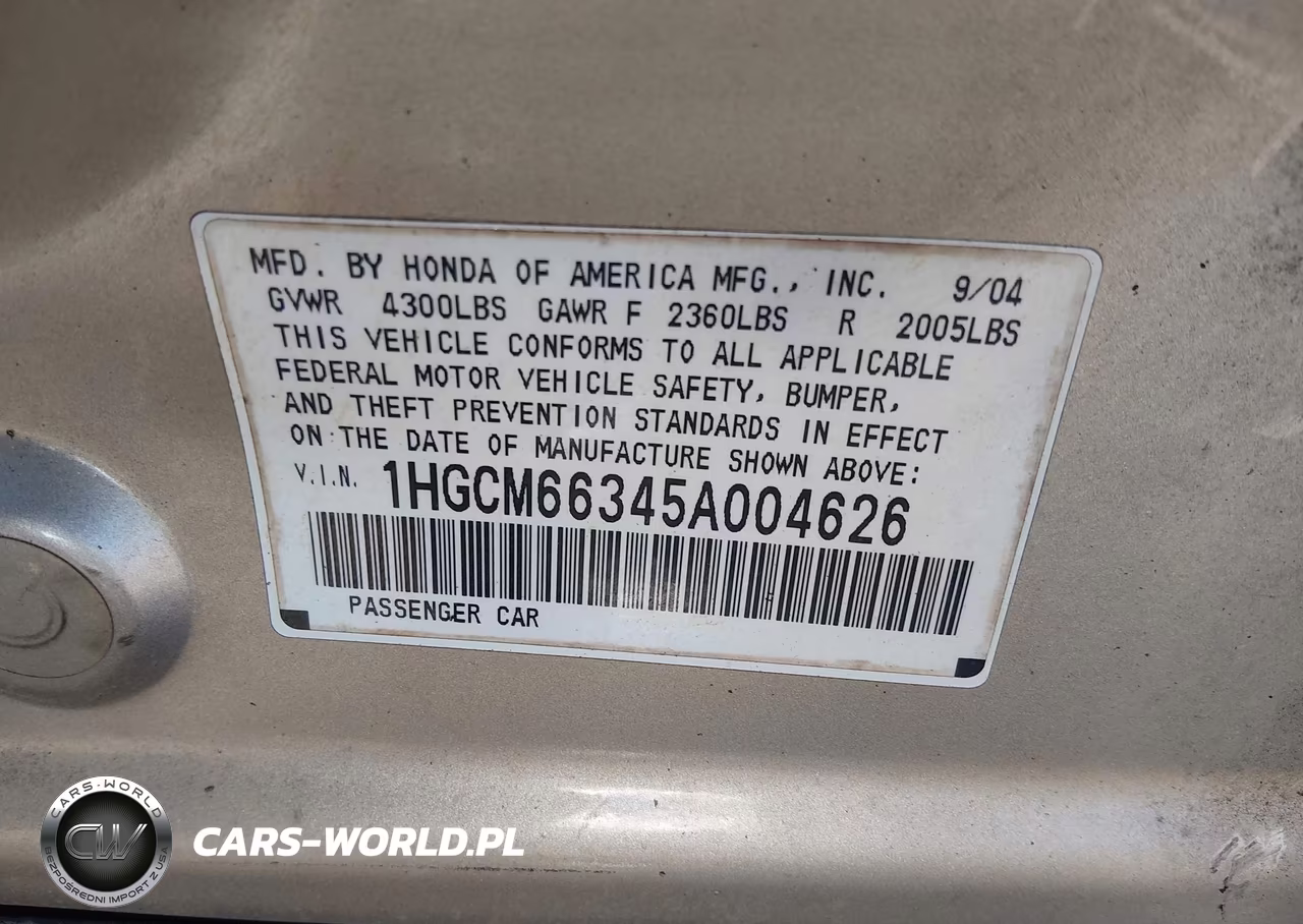 2005 Honda Accord 3.0 Lx VIN:1HGCM66345A004626 - 9