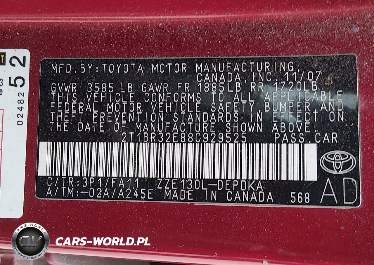 2008 Toyota Corolla Ce VIN:2T1BR32E88C929525 - 9