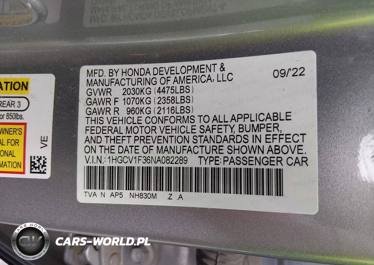 2022 Honda Accord Sport VIN:1HGCV1F36NA082289 - 9