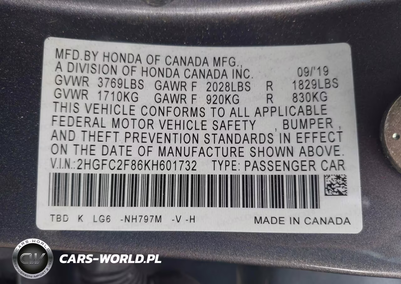 2019 Honda Civic Sport VIN:2HGFC2F86KH601732 - 9