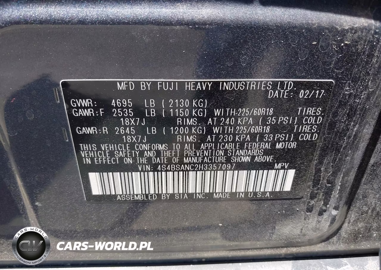 2017 Subaru Outback 2.5I Limited VIN:4S4BSANC2H3357097 - 9