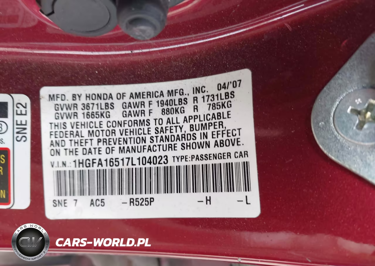 2007 Honda Civic Lx VIN:1HGFA16517L104023 - 9