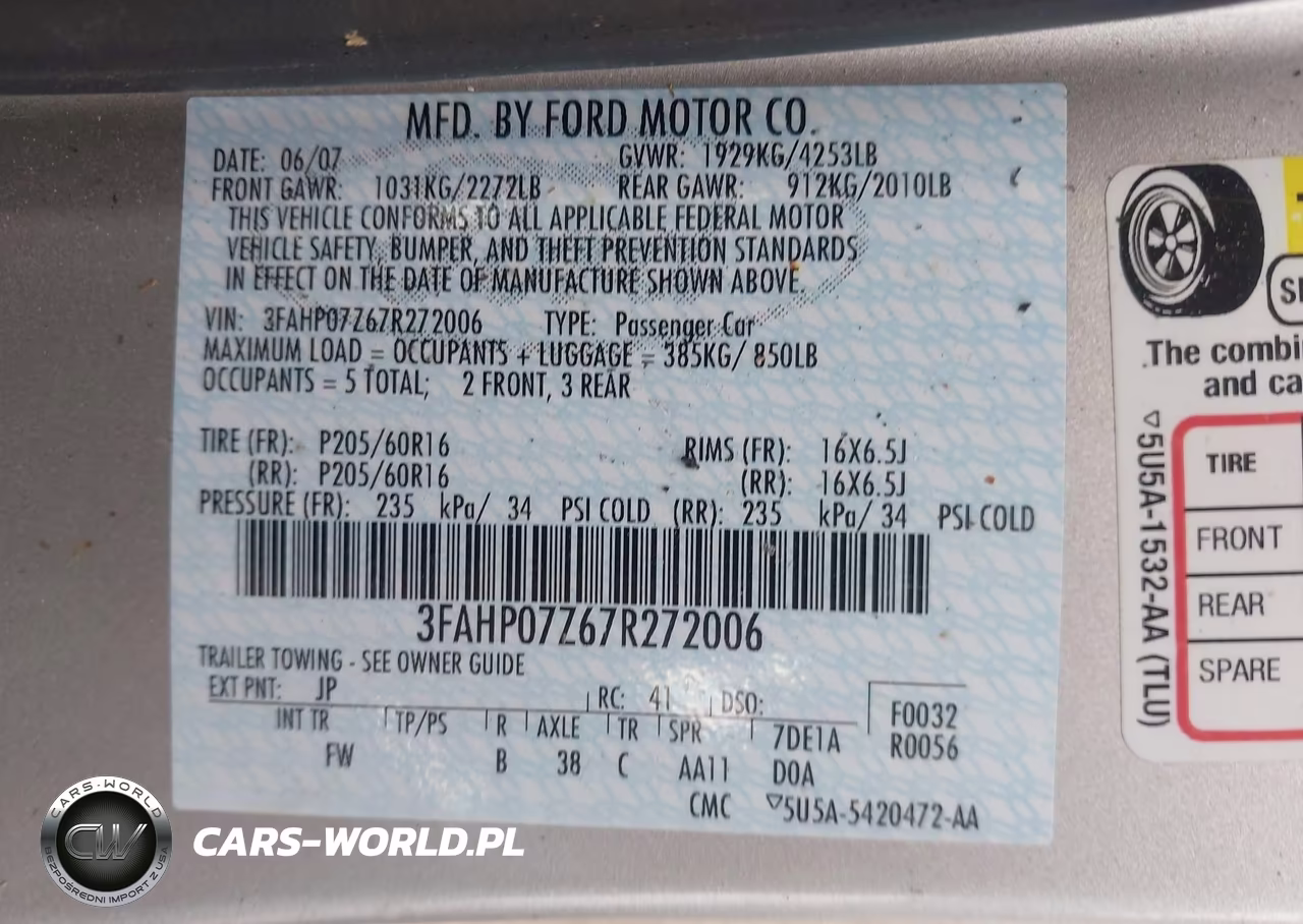 2007 Ford Fusion Se VIN:3FAHP07Z67R272006 - 9