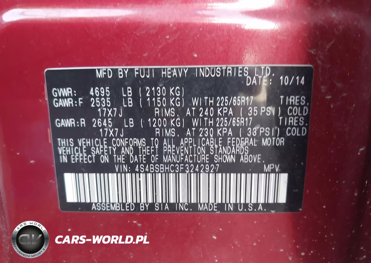 2015 Subaru Outback 2.5I Premium VIN:4S4BSBHC3F3242927 - 9