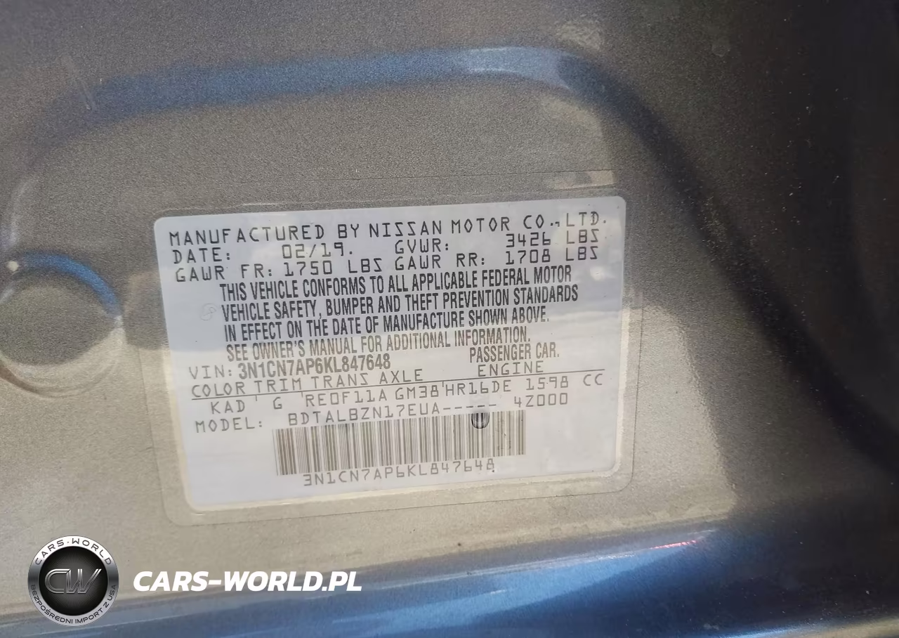 2019 Nissan Versa 1.6 Sv VIN:3N1CN7AP6KL847648 - 9