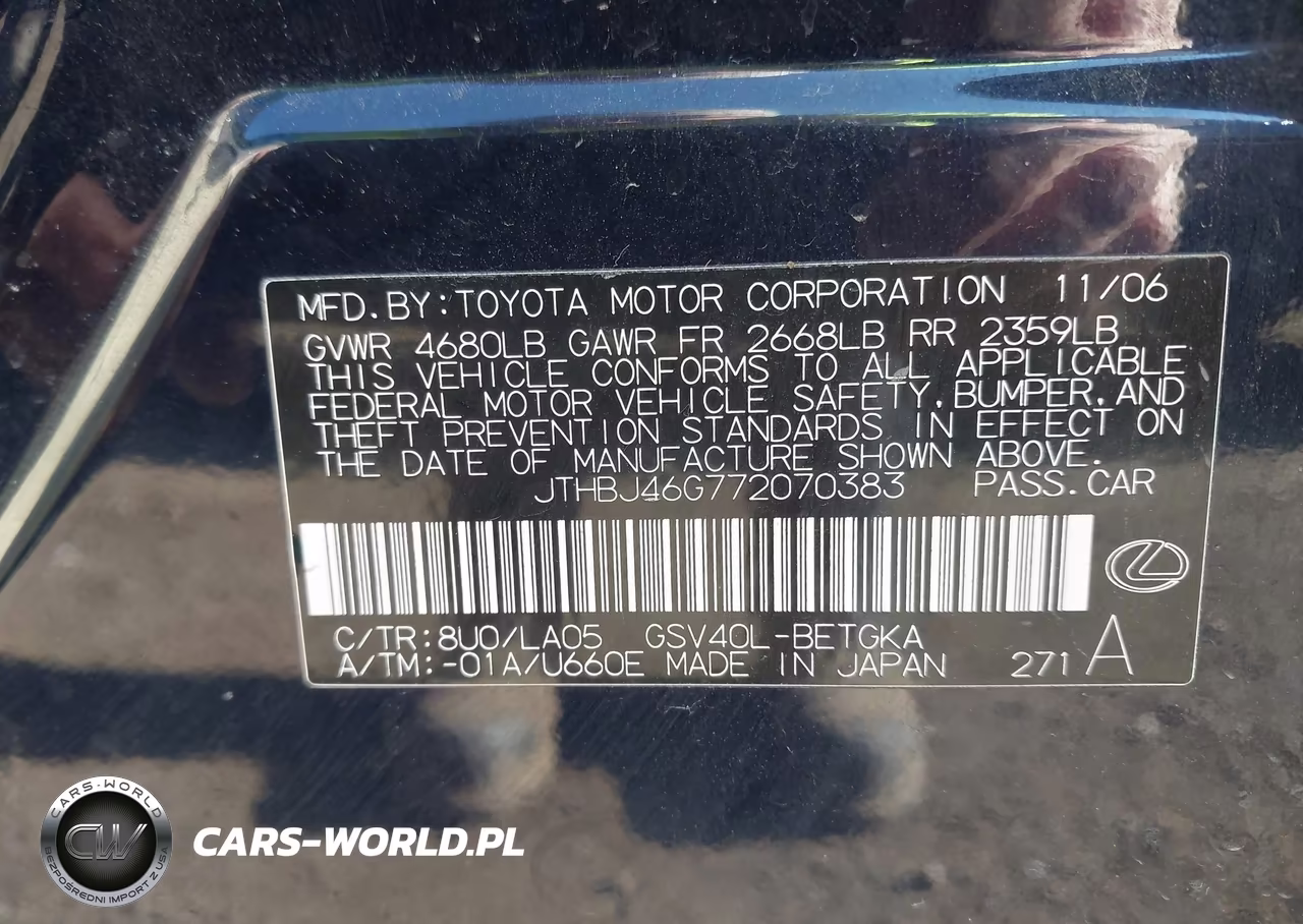 2007 Lexus Es 350 VIN:JTHBJ46G772070383 - 9