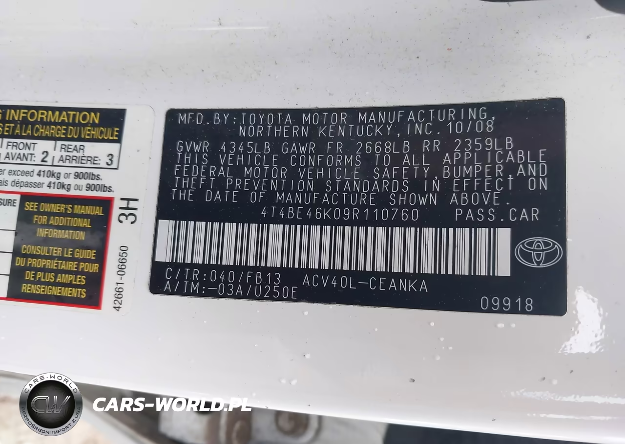 2009 Toyota Camry VIN:4T4BE46K09R110760 - 9