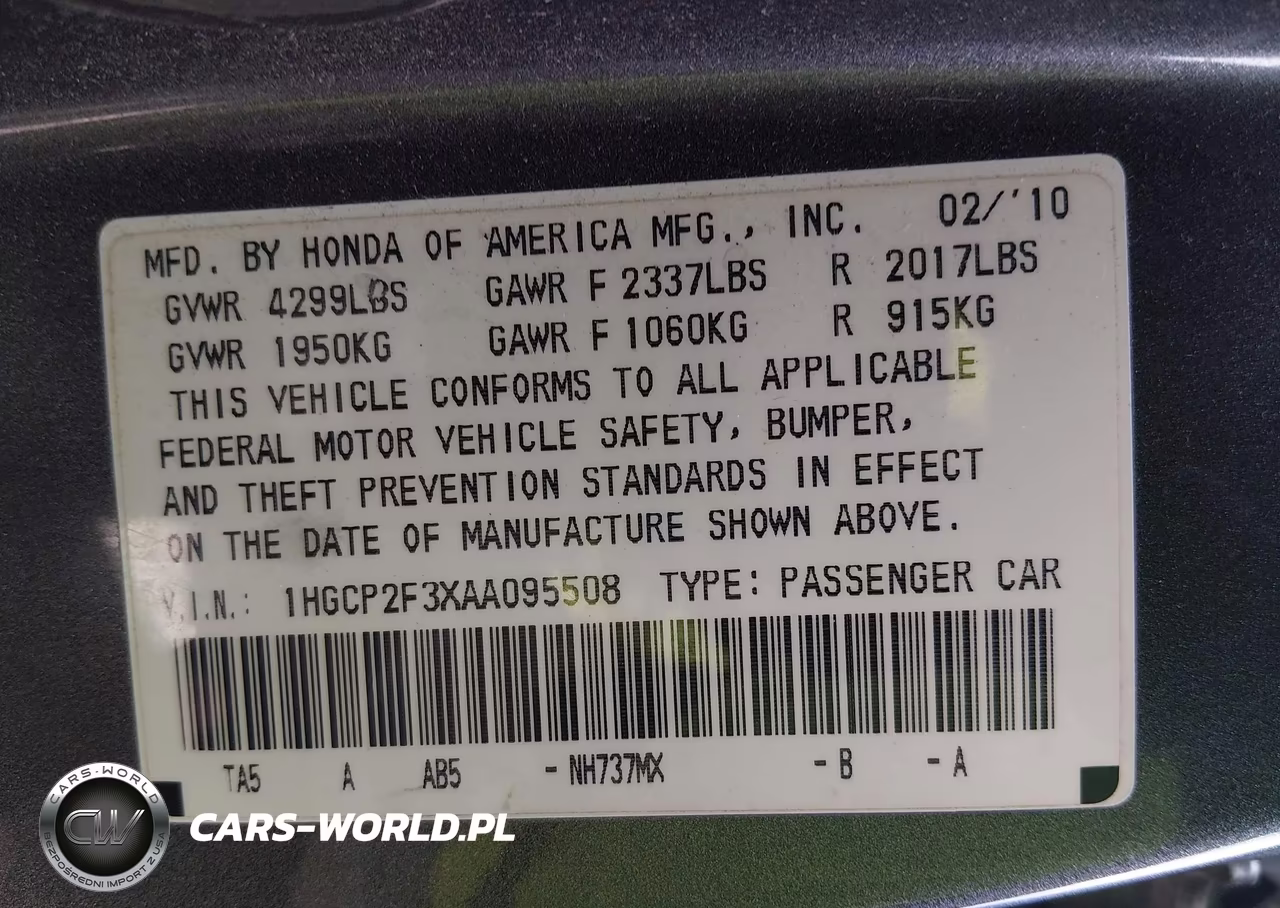 2010 Honda Accord 2.4 Lx VIN:1HGCP2F3XAA095508 - 9