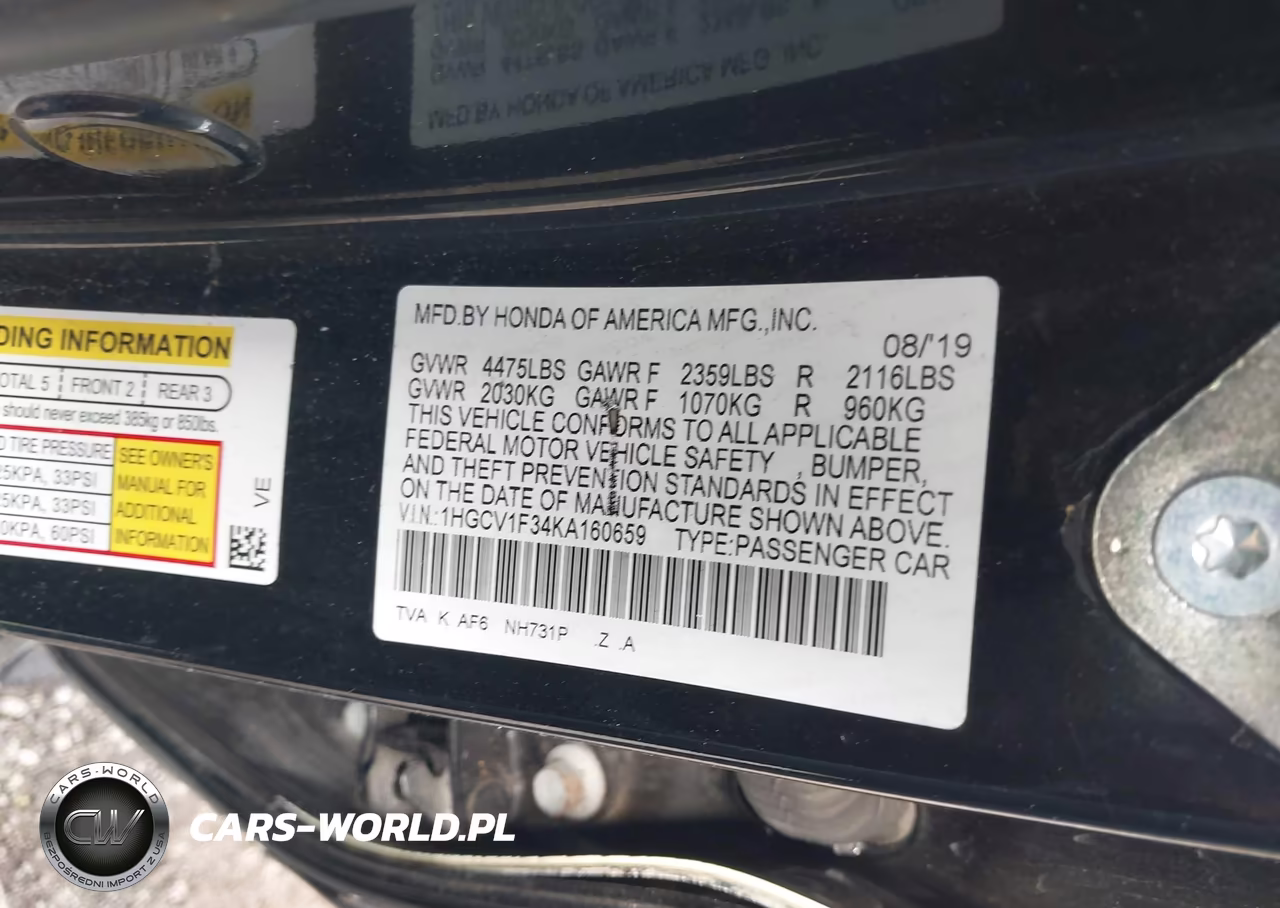 2019 Honda Accord Sport VIN:1HGCV1F34KA160659 - 9
