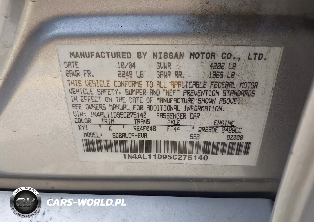 2005 Nissan Altima 2.5 S VIN:1N4AL11D95C275140 - 9