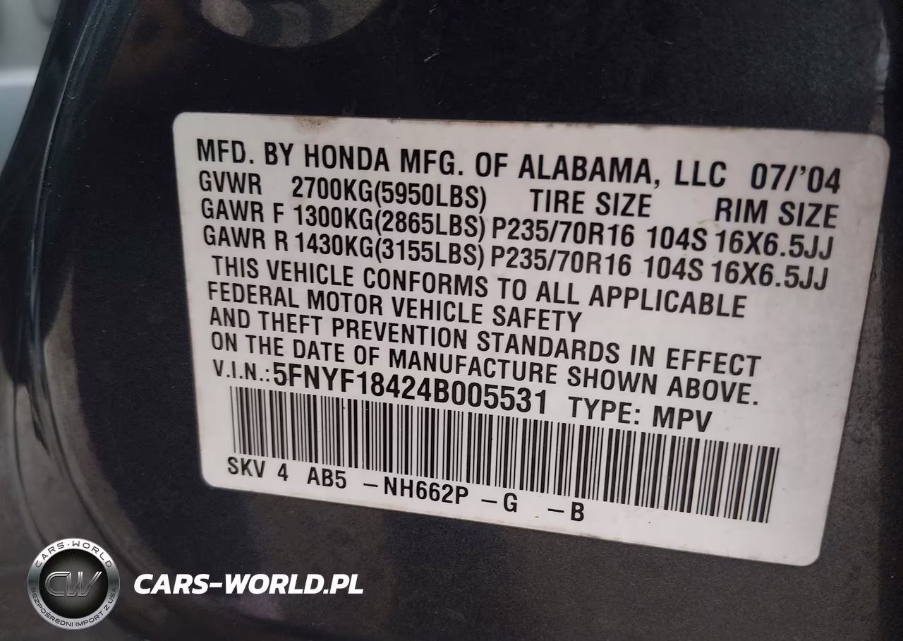 2004 Honda Pilot Ex VIN:5FNYF18424B005531 - 9