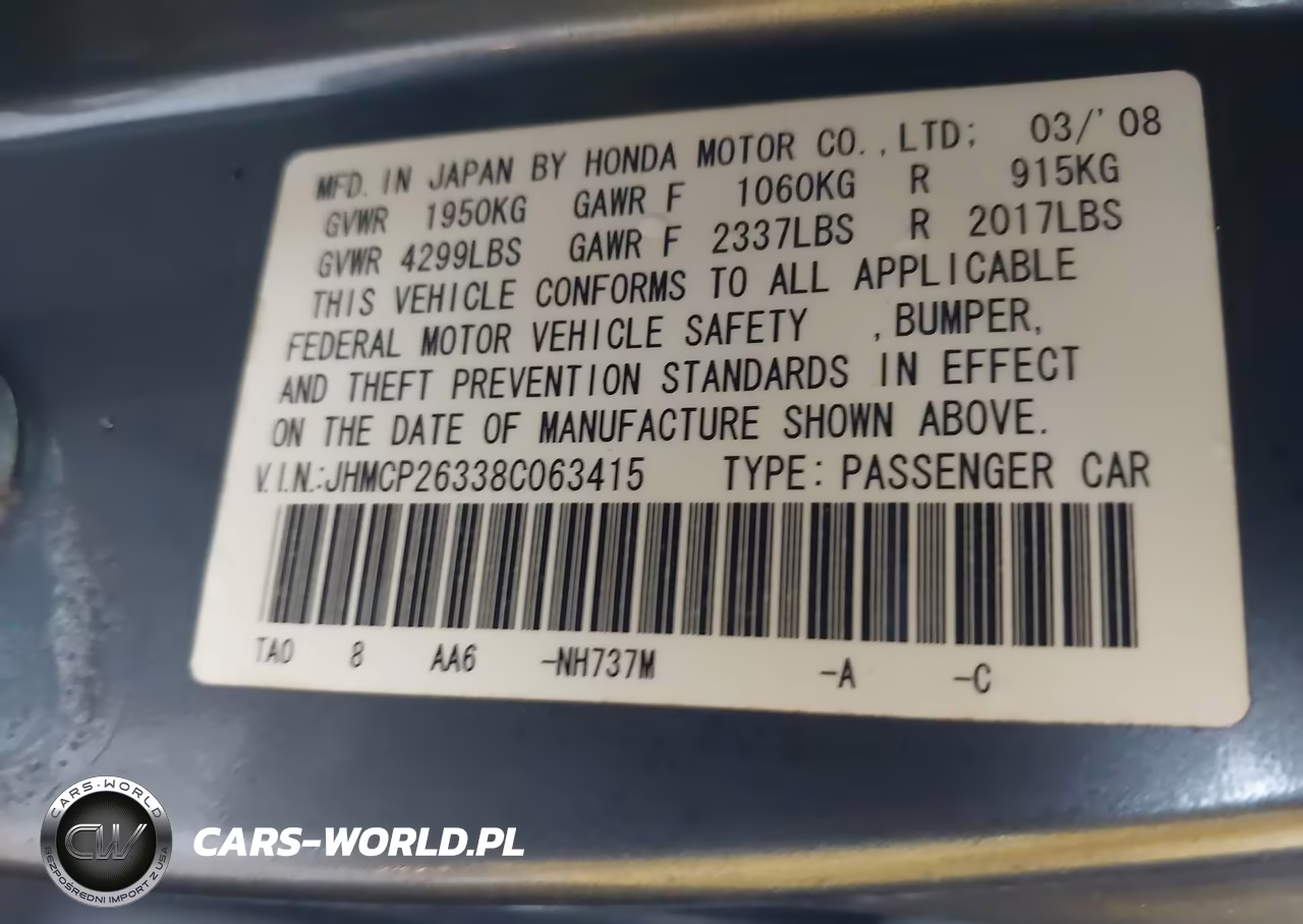 2008 Honda Accord 2.4 Lx VIN:JHMCP26338C063415 - 9