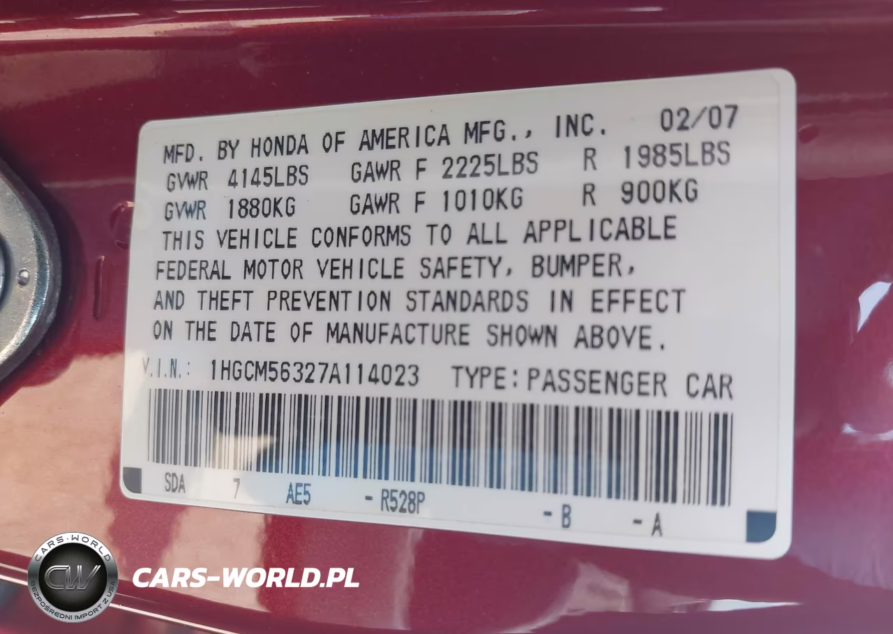 2007 Honda Accord 2.4 Se VIN:1HGCM56327A114023 - 9