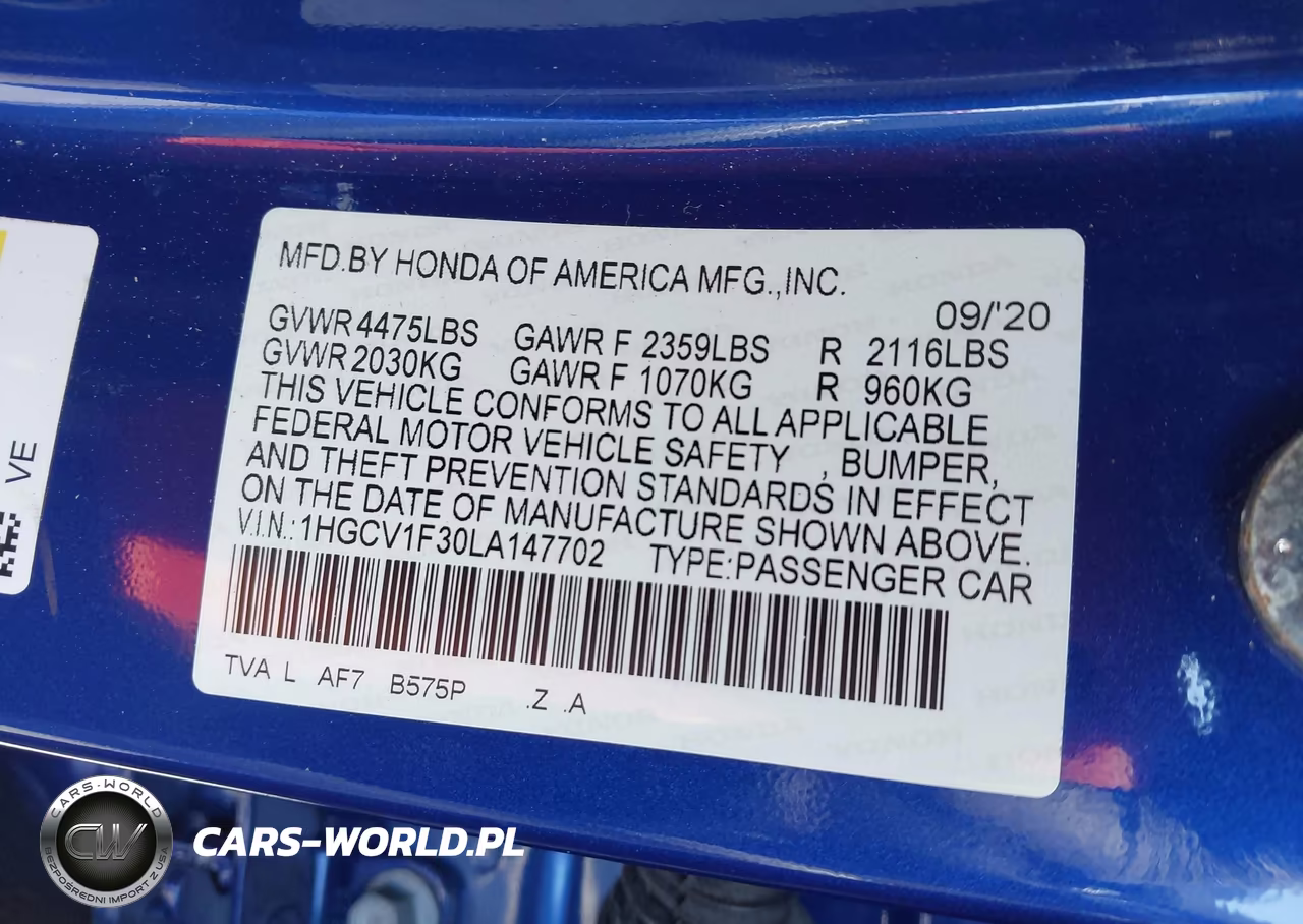 2020 Honda Accord Sport VIN:1HGCV1F30LA147702 - 9