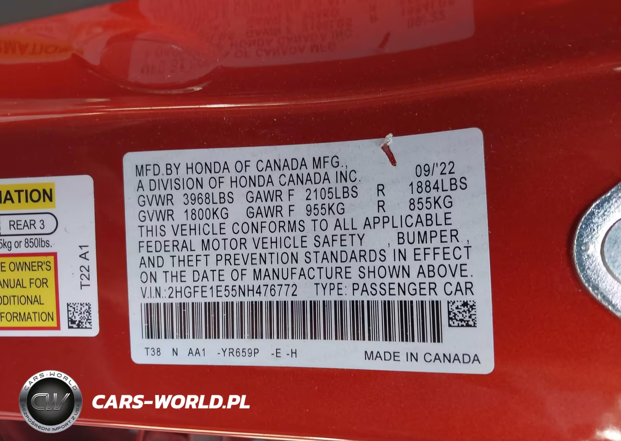 2022 Honda Civic Si Sedan VIN:2HGFE1E55NH476772 - 9