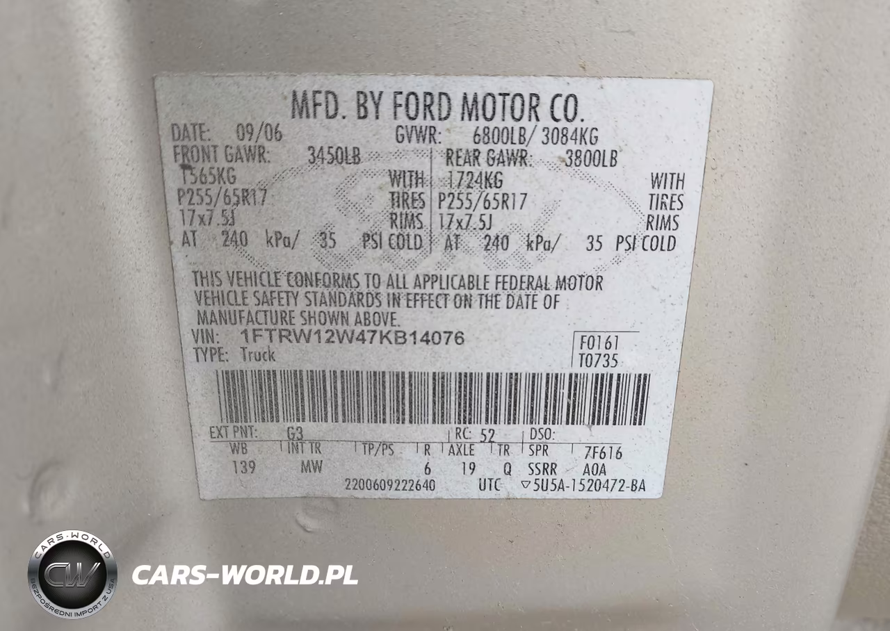 2007 Ford F-150 Xlt VIN:1FTRW12W47KB14076 - 9