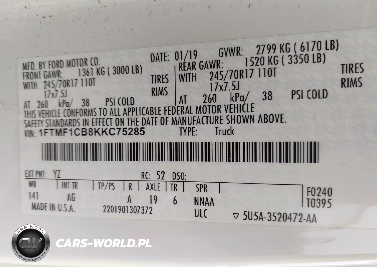 2019 Ford F-150 Xl VIN:1FTMF1CB8KKC75285 - 9