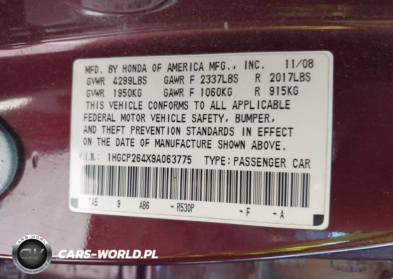 2009 Honda Accord 2.4 Lx-P VIN:1HGCP264X9A063775 - 9