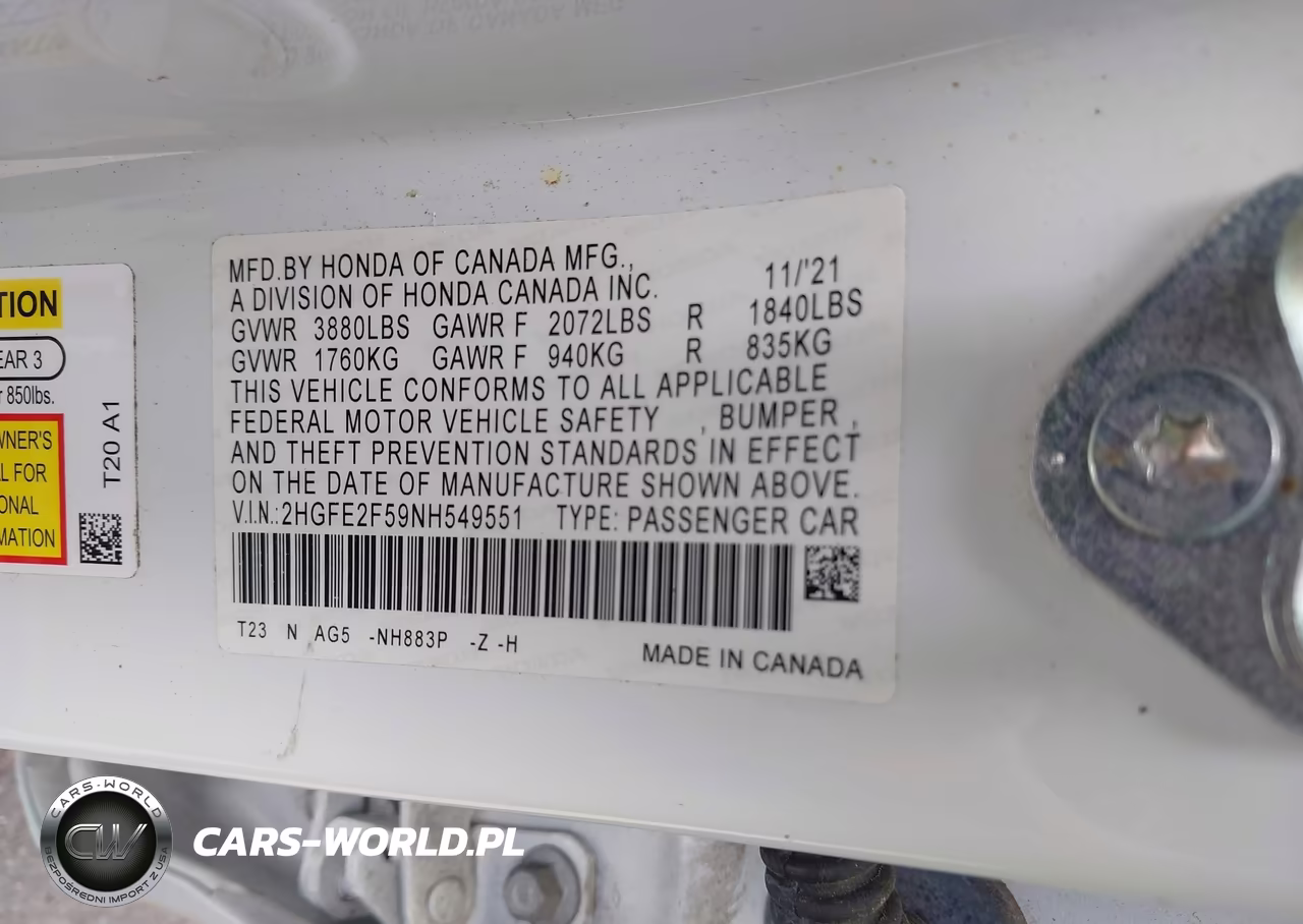 2022 Honda Civic Sport VIN:2HGFE2F59NH549551 - 9
