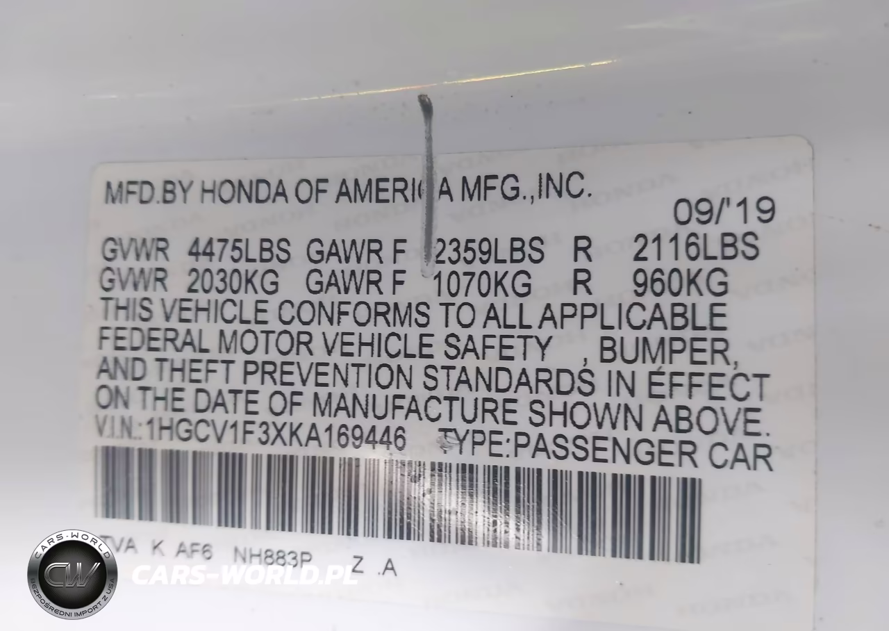 2019 Honda Accord Sport VIN:1HGCV1F3XKA169446 - 9