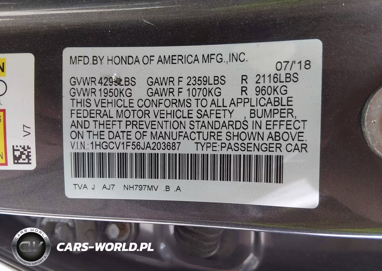 2018 Honda Accord Ex-L VIN:1HGCV1F56JA203687 - 9