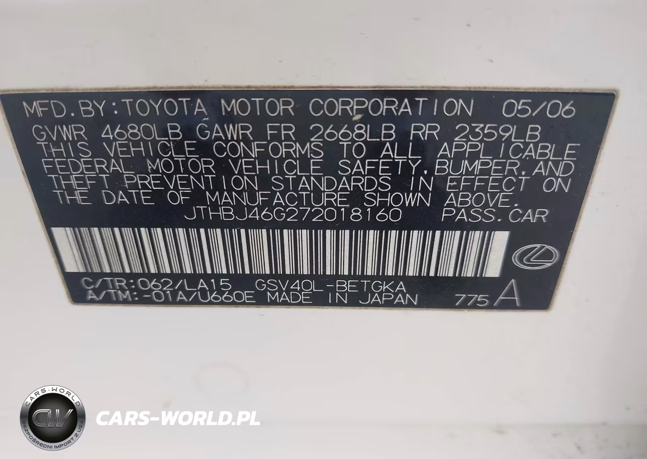2007 Lexus Es 350 VIN:JTHBJ46G272018160 - 9