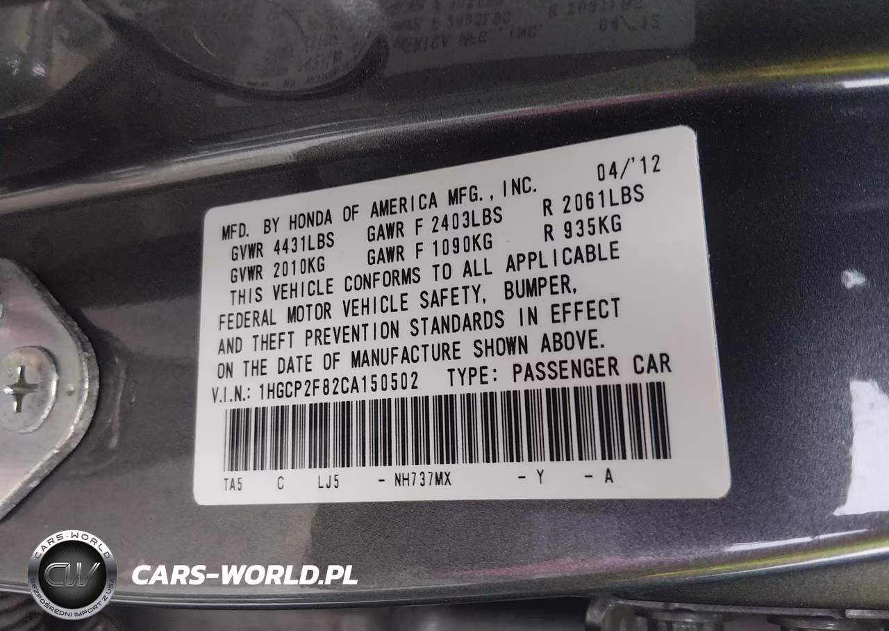 2012 Honda Accord 2.4 Ex-L VIN:1HGCP2F82CA150502 - 9