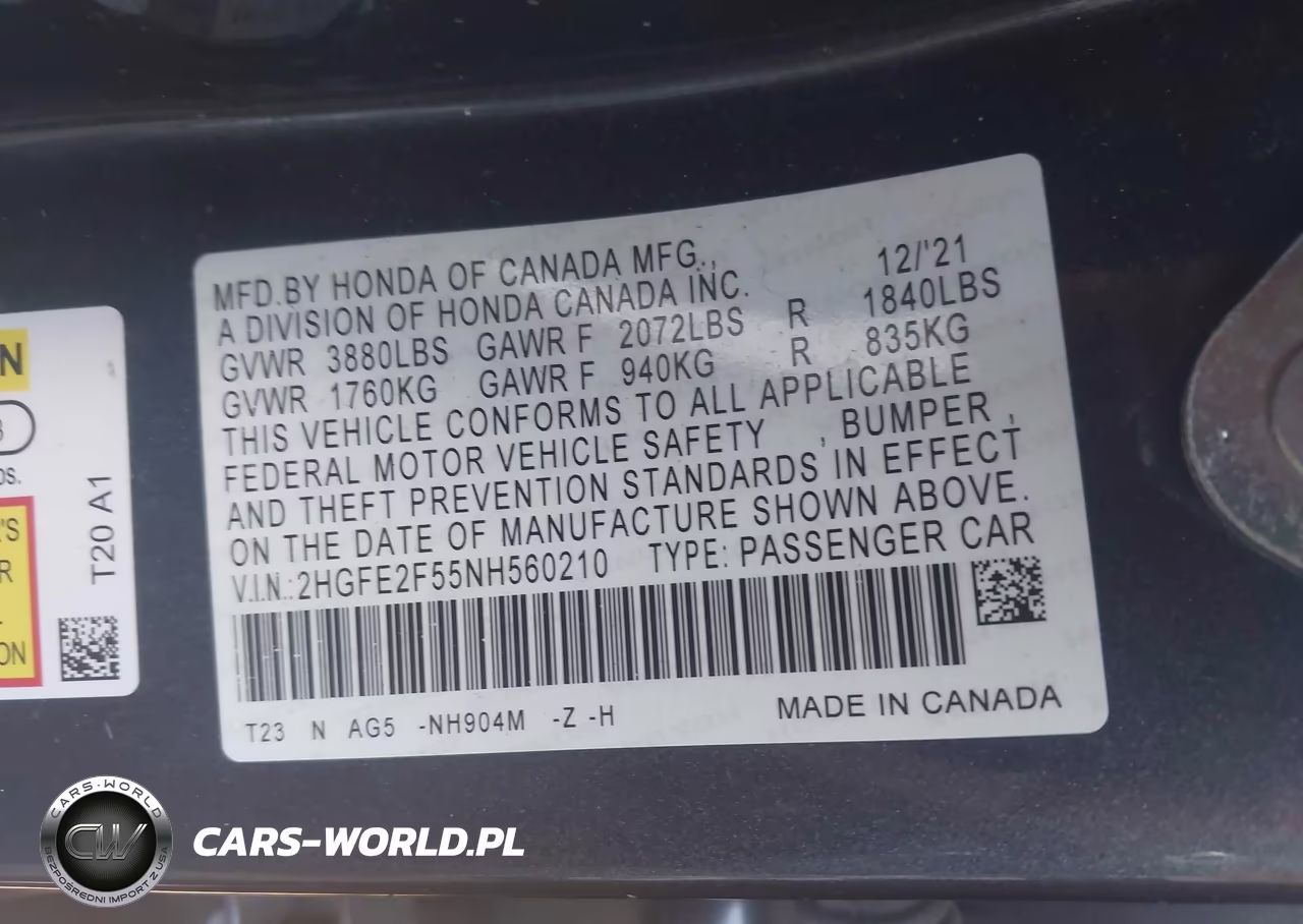 2022 Honda Civic Sport VIN:2HGFE2F55NH560210 - 9