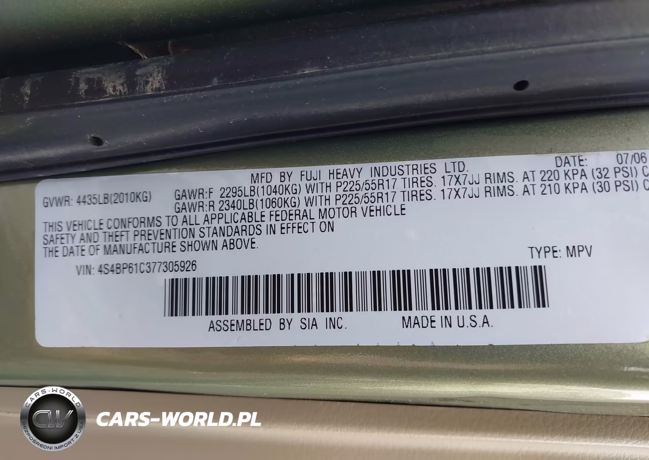 2007 Subaru Outback 2.5I VIN:4S4BP61C377305926 - 9