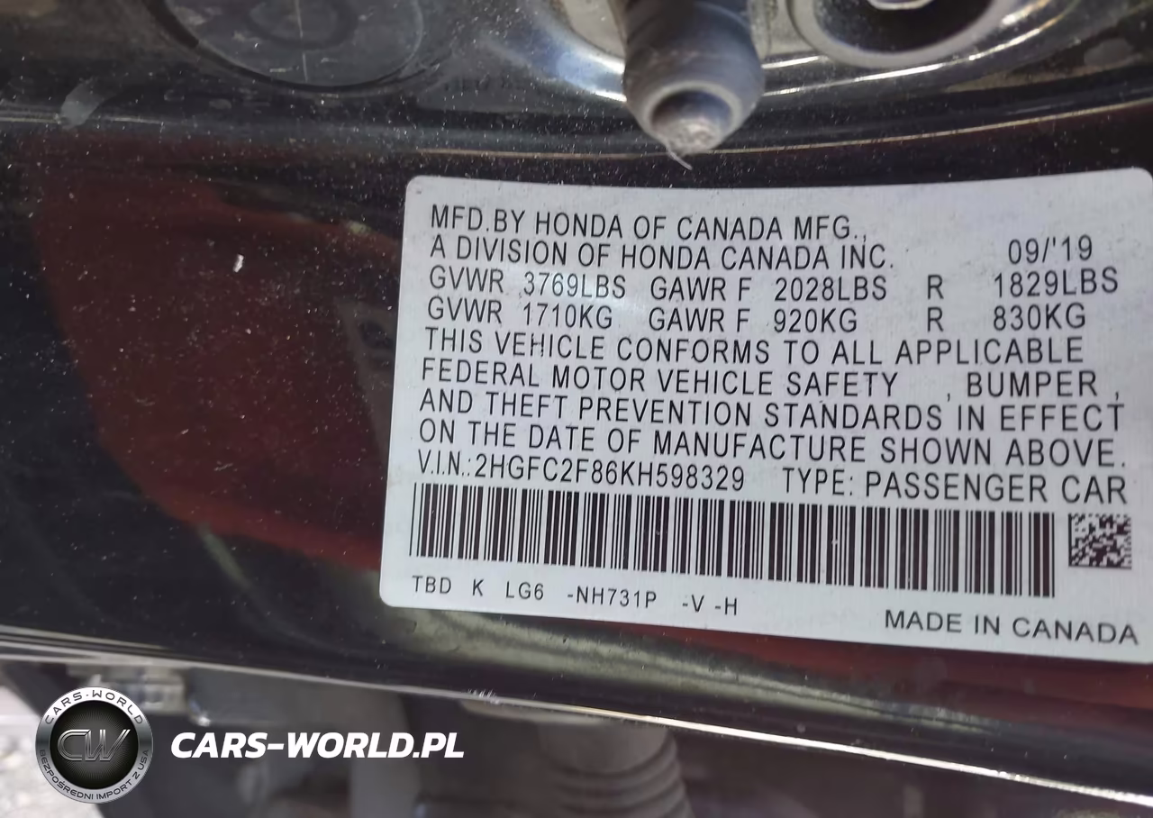 2019 Honda Civic Sport VIN:2HGFC2F86KH598329 - 9