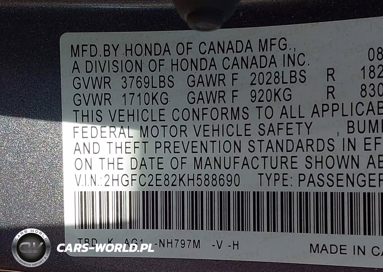 2019 Honda Civic Sport VIN:2HGFC2E82KH588690 - 9