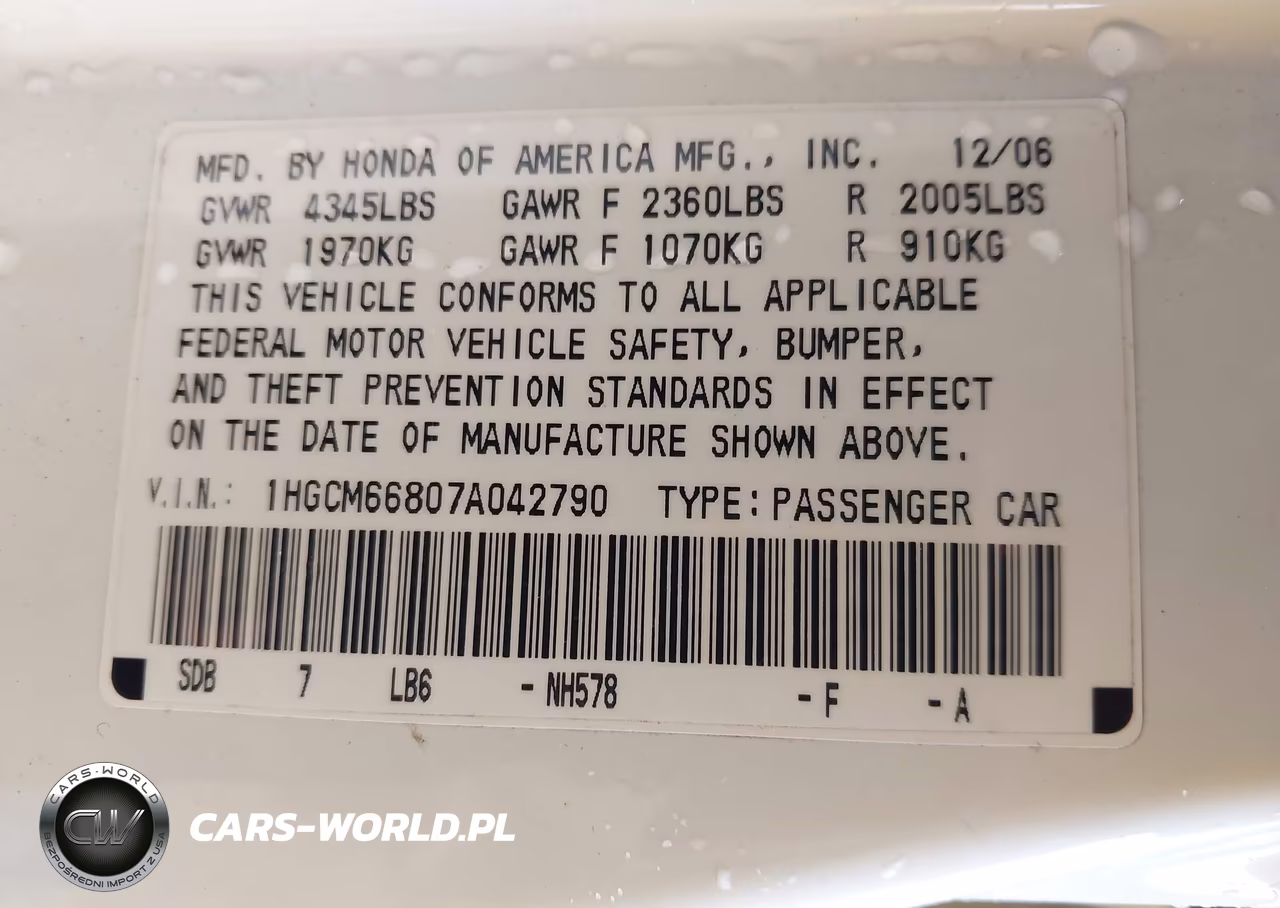 2007 Honda Accord 3.0 Ex VIN:1HGCM66807A042790 - 9